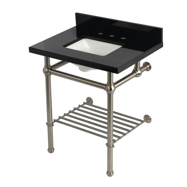 Kingston Brass 30-Inch Black Granite Console Sink with Brass Legs and Shelf, 8-Inch, 3-Hole KVPK30KBSQB8 - main