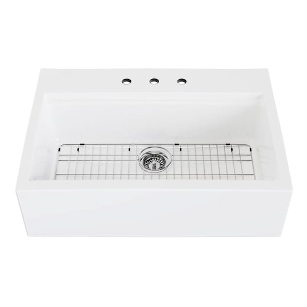 Kingston Brass 34" Fireclay Single Bowl Farmhouse Kitchen Sink with Bottom Grid and Strainer, Glossy White KGPF342410Y38E - main