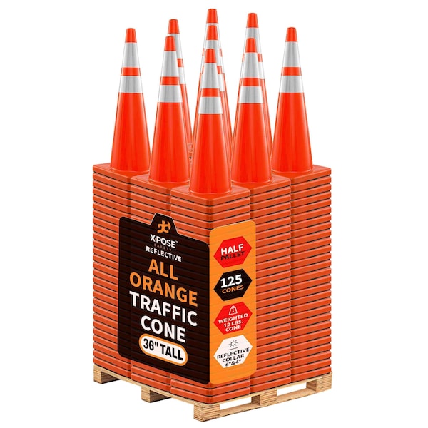Xpose Safety 36 In Orange Traffic Cones Heavy Duty 12lb with 6in & 4in Collars, DOT Approved, Half Pallet, 125PK AOTC36-64-12L-HP125-X - main