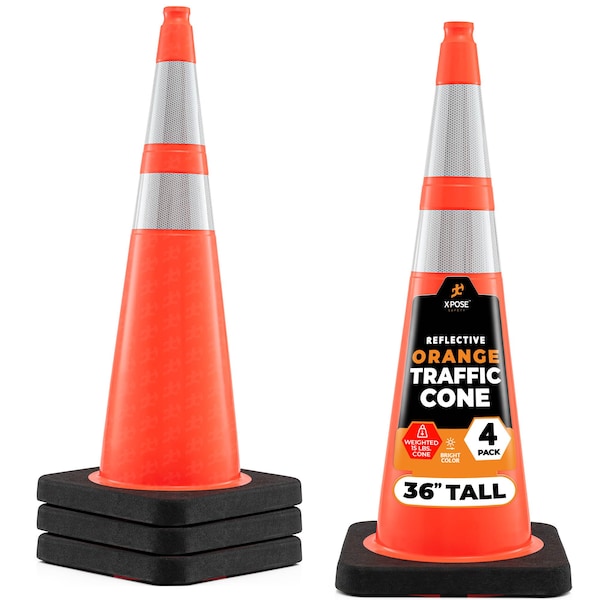 Xpose Safety 36 in Orange Traffic Cone, PVC, 15 lb Base with 6 in & 4 in Collar, DOT Approved, 4 PK OTC36-64-15L-4-X - main