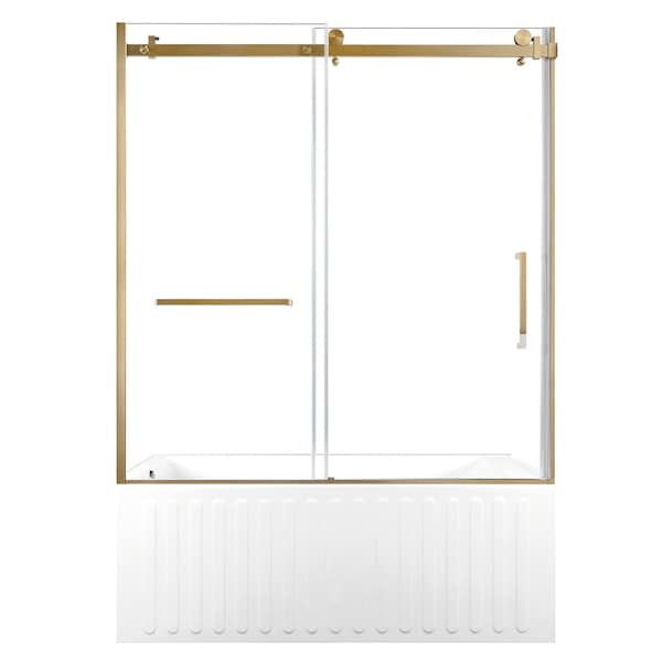 Kingston Brass 60" Acrylic Alcove Left-Hand Drain Tub with Right Sliding Tub Door, White/Brushed Brass KVTDE603121L7 - main