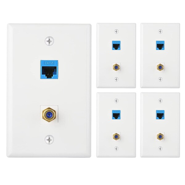 Newhouse Hardware White Ethernet and Coaxial Wall Plate, 1-Gang, 5PK TVCATP-WH-05 - main