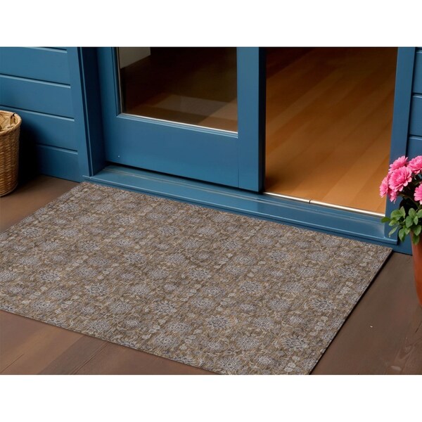 Homeroots 3' X 5' Chocolate And Gray Floral Washable Indoor Outdoor Area Rug 582260 - main