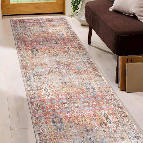 World Rug Gallery Transitional Distressed Machine Washable Non Slip Runner Rug 2 ft 6 in x 7 ft Multi 6030MULTI2X7 - main