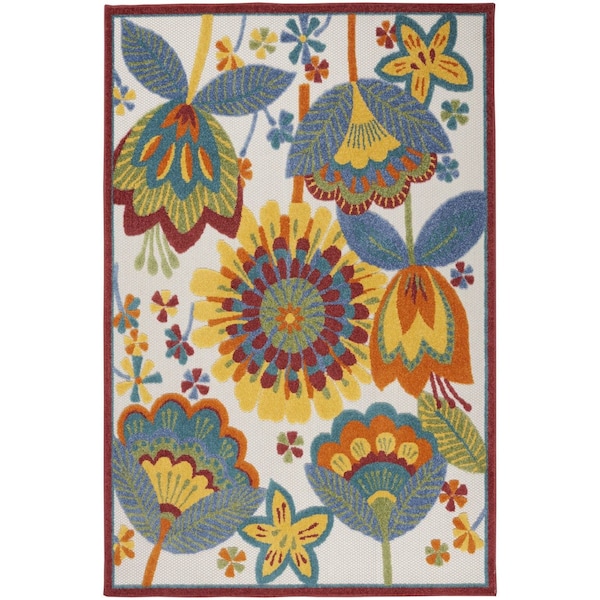 Homeroots 5' X 8' Ivory Blue Orange Red And Yellow Floral Indoor Outdoor Area Rug 546848 - main