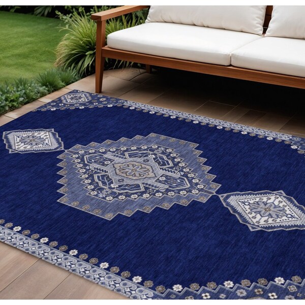 Homeroots 10' X 14' Navy Blue Gray And Brown Oriental Washable Indoor Outdoor Area Rug 598429 - main