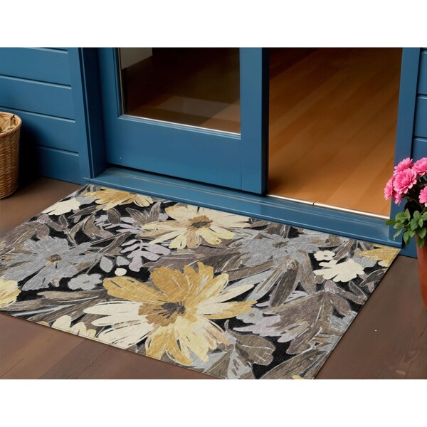Homeroots 3' X 5' Black And Gray Floral Washable Indoor Outdoor Area Rug 610967 - main