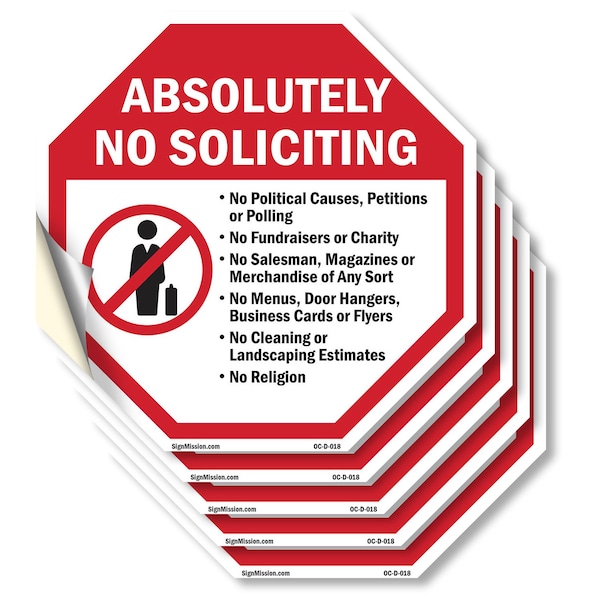 Signmission Absolutely No Soliciting No Politi, 4 inch X 4 inch, Vinyl Decal, 5PK OC-D-5PACK-4-18 - main