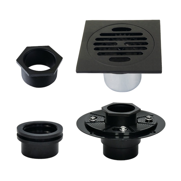 Kingston Brass 4" Brass Square Grid Shower Drain with Hair Strainer and Base Flange, Matte Black BSFK4262MB - main
