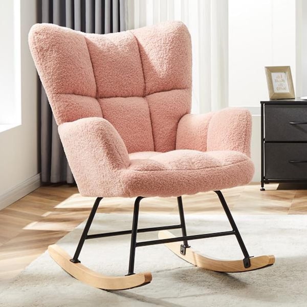 Yssoa Simple Deluxe Nursery Rocking Chairs, Teddy Upholstered Glider Recliner Rocking Chair with High Bac 3A88FNCHARROCKERPNK - main