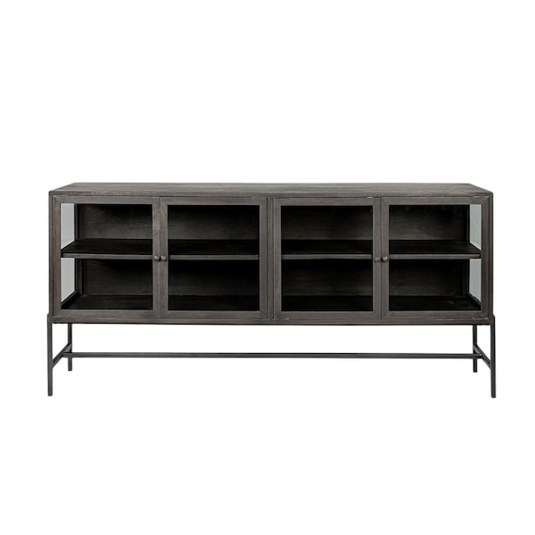 Homeroots 70in Black Solid Wood Sideboard with Four Glass Doors 380208 - main