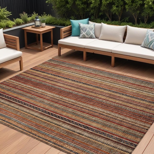 Homeroots 8' X 10' Rust Taupe And Gray Striped Washable Indoor Outdoor Area Rug 616385 - main
