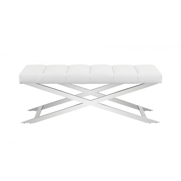 Homeroots 47in White and Silver Tufted Faux Leather Upholstered Dining Bench 473176 - main