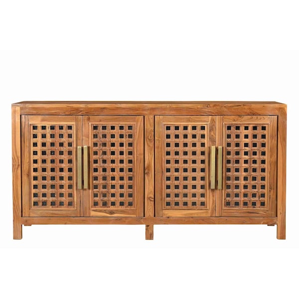 Homeroots 71in Brown Solid Wood Carved Geometric Sideboard with Four Doors 634325 - main