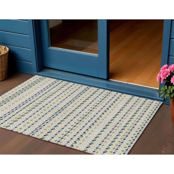 Homeroots 3' X 5' Linen And Lime Green Striped Washable Indoor Outdoor Area Rug 610534 - main
