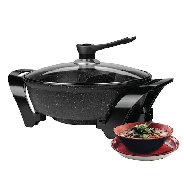Brentwood Industries Electric Non-Stick 6Qt Shabu Shabu Pot with Divider in Black SK-72BK - main
