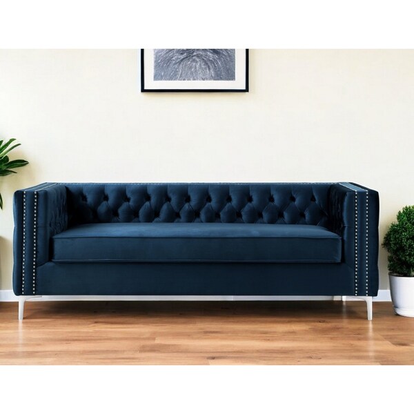 Homeroots 84" Navy Blue Velvet Sofa With Silver Legs 543946 - main