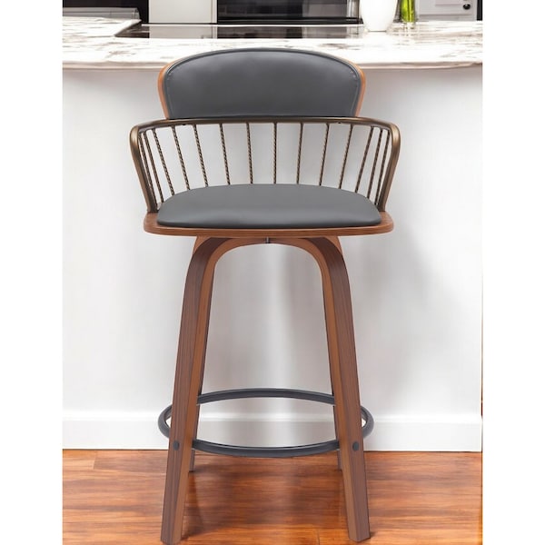 Homeroots 26" Gray And Wood Brown Faux Leather Swivel Low Back Counter Height Bar Chair 534441 - main
