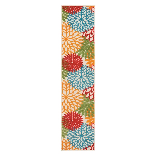 Homeroots 12' Ivory Green Blue Red And Orange Floral Indoor Outdoor Runner Rug 546702 - main