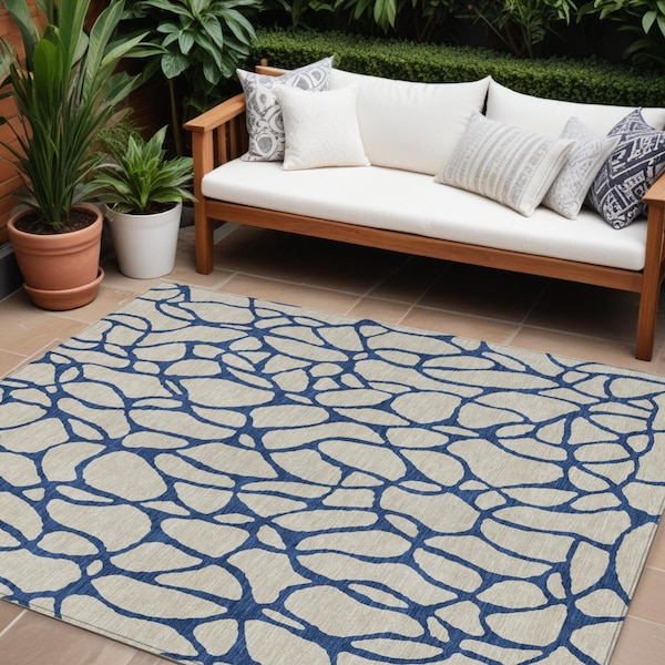 Homeroots 10' X 14' Beige And Blue Geometric Washable Indoor Outdoor Area Rug 599177 - main