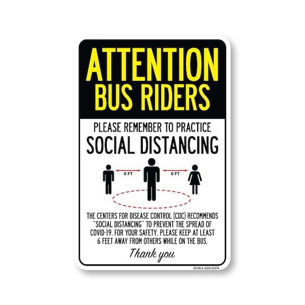 Signmission Public Safety, Bus Riders Practice Social Distancing, 14in X 10in Aluminum, OS-NS-A-1014-25374 OS-NS-A-1014-25374 - main