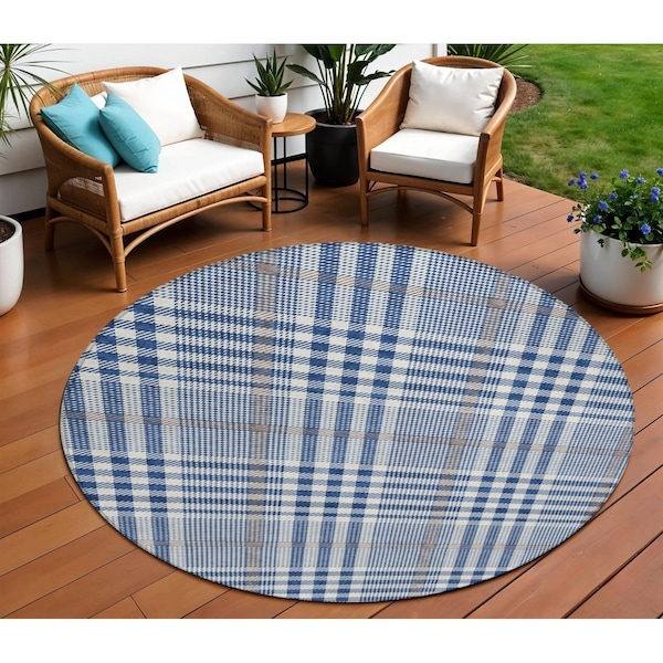 Homeroots 8' Navy Blue Ivory And Brown Round Plaid Washable Indoor Outdoor Area Rug 601490 - main