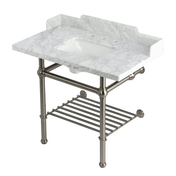 Kingston Brass 36-Inch Carrara Marble Console Sink with Brass Legs and Shelf, 8-Inch, 3-Hole LMS3630MBSQB8 - main