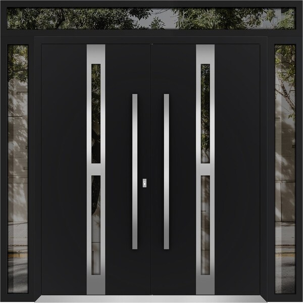 Vdomdoors Metal Double Doors Deux 1755 Black Enamel Opaque Black Glass 2 Sidelights and Top Transom Entry Mod DEUX1755DEXD-BLK-W12+72+12xH96+14-LH-I - main