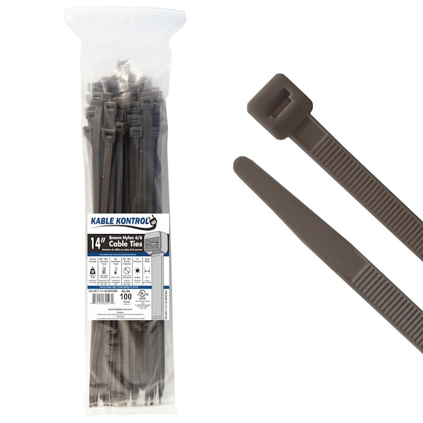 Kable Kontrol Color Cable Zip Ties, 14 in L, Brown, Nylon 6-6, 120 lb Strength, 100 PK CT-14-120-BROWN - main
