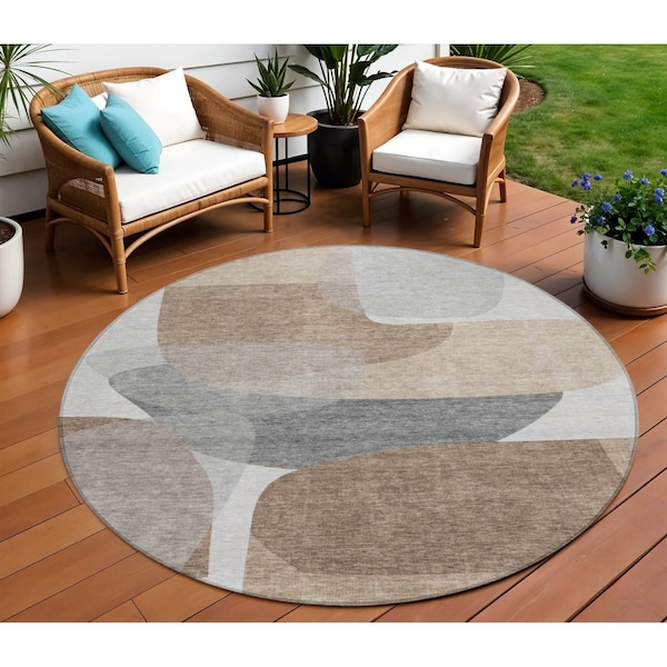 Homeroots 8' Brown And Gray Round Abstract Washable Indoor Outdoor Area Rug 632169 - main