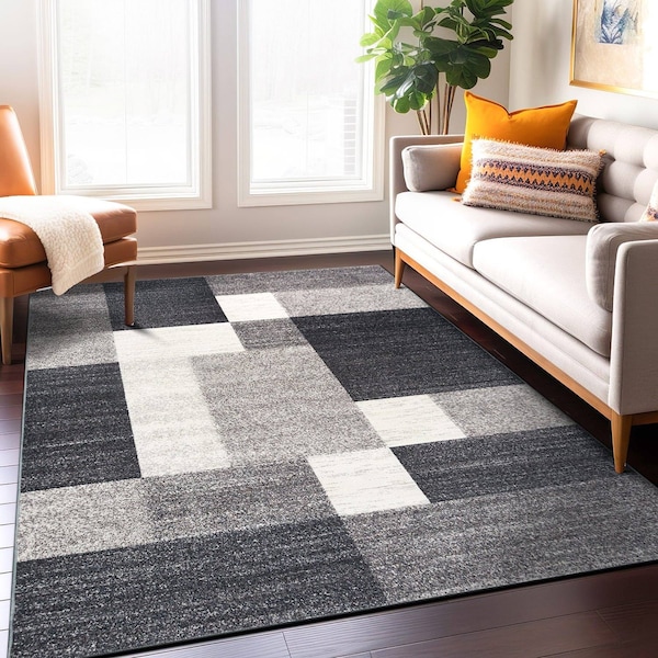 World Rug Gallery Contemporary Modern Geometric Boxes Design Non-Slip Area Rug 9 ft x 12 ft Gray 506GRAY9X12 - main