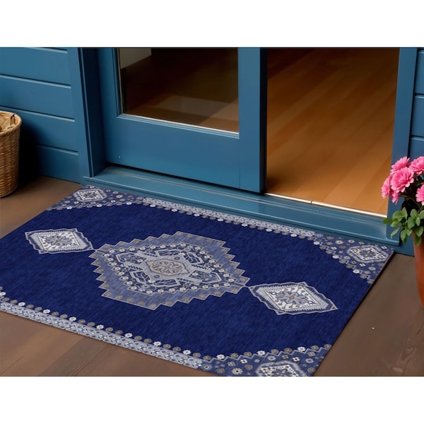 Homeroots 3' X 5' Navy Blue Gray And Brown Oriental Washable Indoor Outdoor Area Rug 598424 - main
