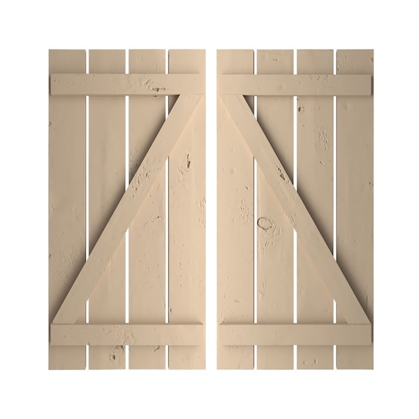 Ekena Millwork Rustic Four Board Spaced Board-n-Batten Knotty Pine Faux Wood Shutters w/Z-Board, 23 1/2W x 38H, PR SHUBSZ23X38KPPR - main