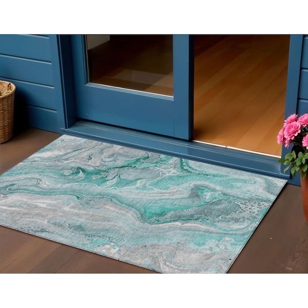 Homeroots 3' X 5' Teal Blue And Ivory Abstract Washable Indoor Outdoor Area Rug 617614 - main