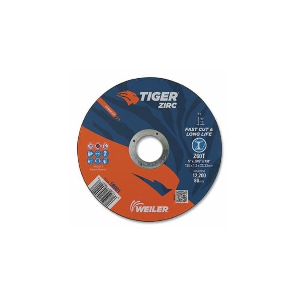 Weiler Tiger Zirc Cutting Wheel, 5 in dia, 0.045 in Thick, 7/8 in Arbor, Zirconia Alumina, Type 1, 25PK 804-58001 - main