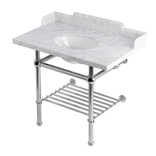 Kingston Brass 36-Inch Carrara Marble Console Sink with Brass Legs and Shelf, 8-Inch, 3-Hole LMS3630MBB1 - main