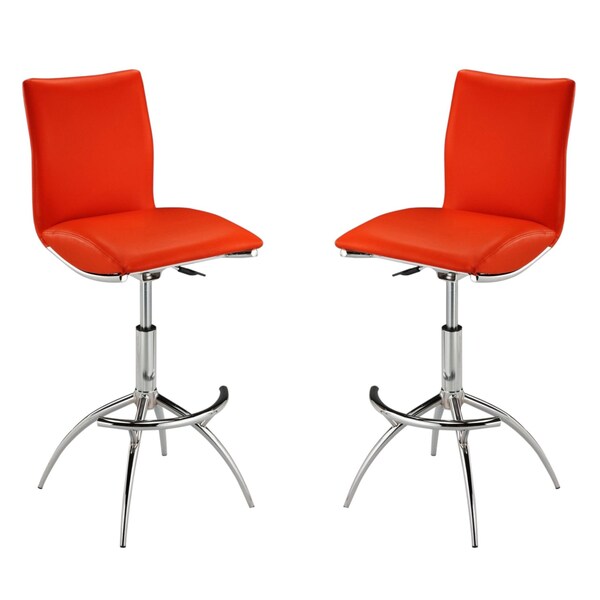 Homeroots Set of Two Red and Silver Faux Leather and Metal Low Back Adjustable Height Bar Chairs, 2PK 555029 - main