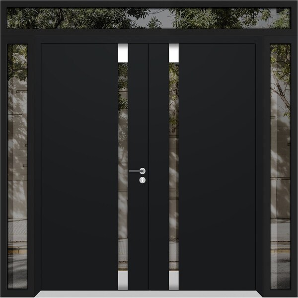 Vdomdoors Aluminum Double Doors Cynex 6777 Black 2 Sidelights and Top Transom Mirrored Clear Glass Modern Pai CYNEX6777DEXD-BLK-W16+72+16xH96+14-LH-I - main