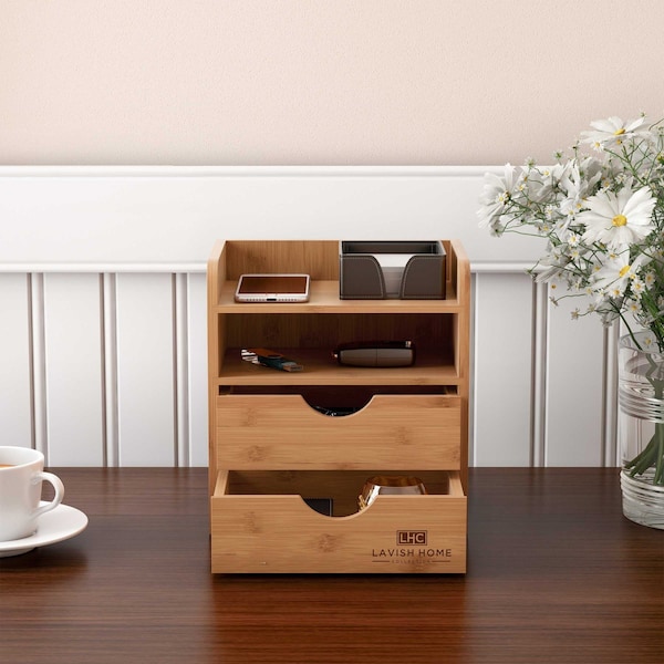 Lavish Home 4-Tier Bamboo Desk Organizer Wooden Storage Box with 2 Drawers, Cubby, and Shelf, Natural 83-106 - main