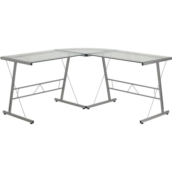 Flash Furniture L Shaped Desk Office Desk, 48" D X 29" H, 83-1/2" W X Metal, Table Top: Glass, Clear/Silver NAN-CD-22181-GG - main