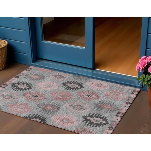 Homeroots 3' X 5' Gray Mauve And Charcoal Southwestern Washable Indoor Outdoor Area Rug 615134 - main