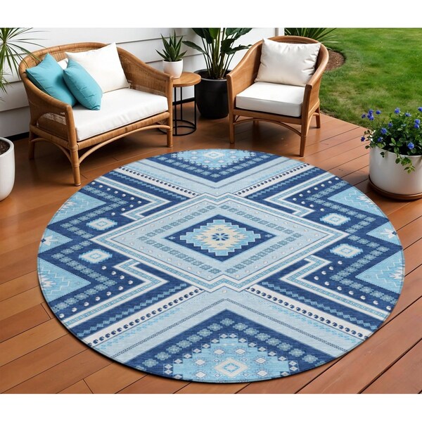 Homeroots 8' Navy Blue Aqua And Ivory Round Tribal Washable Indoor Outdoor Area Rug 598138 - main