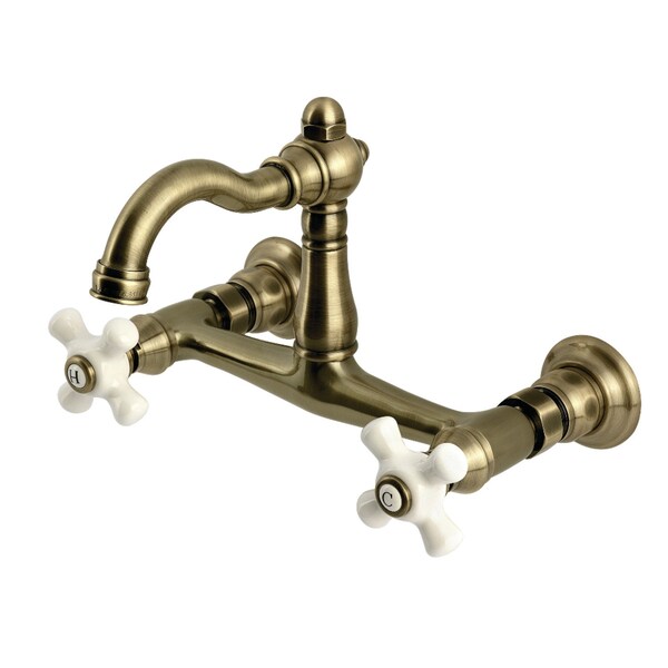 Kingston Brass Two-Handle Wall Mount Bridge Kitchen Faucet, Antique Brass KS3253PX - main