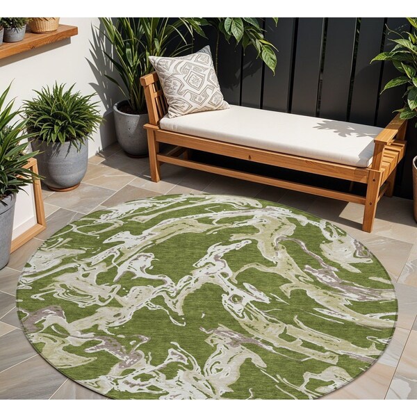 Homeroots 8' Olive Green And Ivory Round Abstract Washable Indoor Outdoor Area Rug 600116 - main