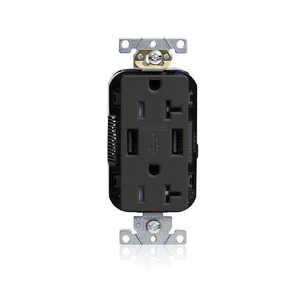 Leviton USB Receptacle, 20 A, 1 hp, Black, PBT M58AA-E - main
