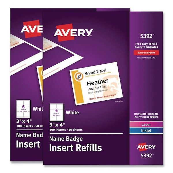 Avery Name Badge Insert Refills, Horizontal, 3 x 4, White, 600PK 35392 - main