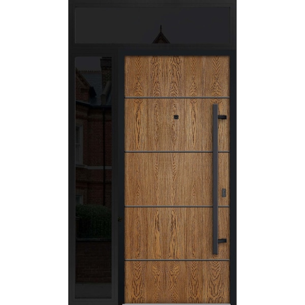 Vdomdoors Steel Door Deux 6683 Natural Oak Sidelight and Transom Window Sidelite Entry Door Painted W36+16xH8 DEUX6683EXD-OAK-W36+16 x H80+16-LH-I - main
