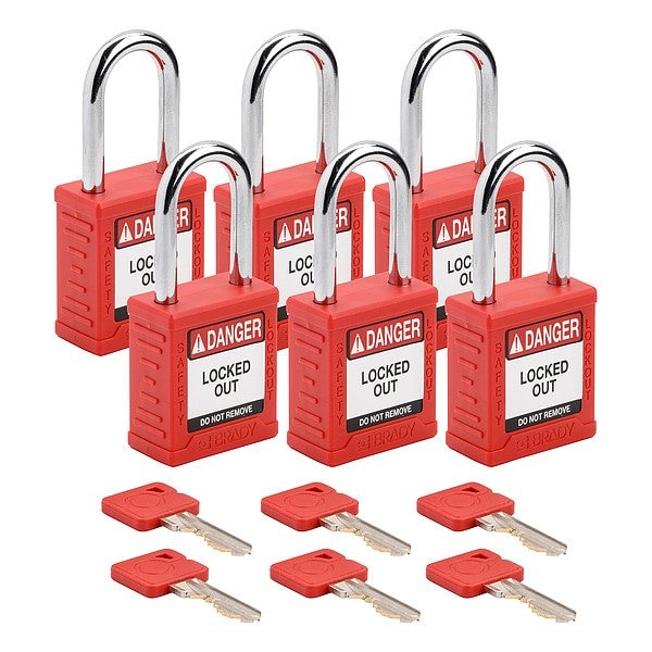 Brady Padlock, Keyed Different, Nylon, Red, 1 1/2 in Shackle Height, 1 1/2 in Body Width, 6 No. of Keys SDPL-RED-38ST-KD6 - main