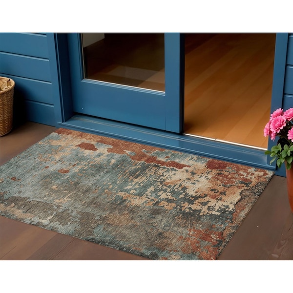 Homeroots 3' X 5' Pale Aqua Copper And Beige Abstract Washable Indoor Outdoor Area Rug 618232 - main