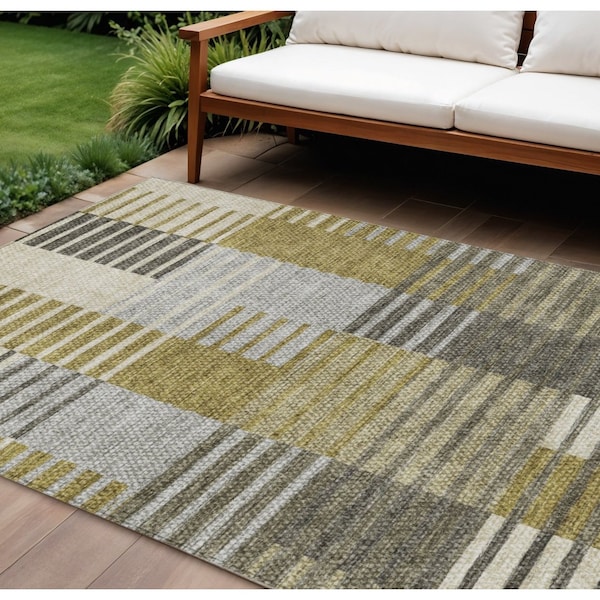 Homeroots 9' X 12' Brown Gold And Taupe Striped Washable Indoor Outdoor Area Rug 581687 - main
